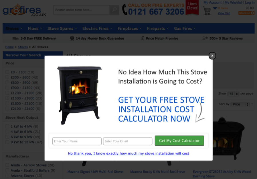 An exit overlay on Gr8fires.co.uk, activated when a user is about to abandon the site