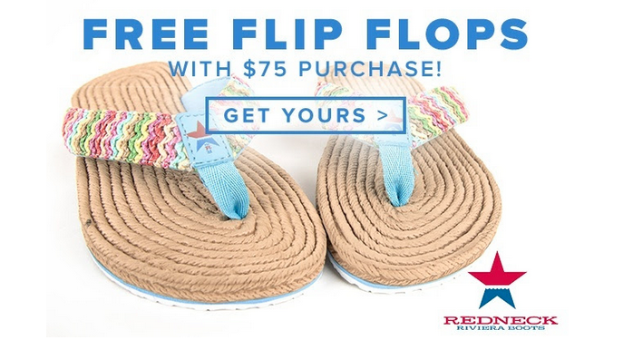 CountryOutfitter.com includes a free pair of flip flops with the purchase of $75 or more.