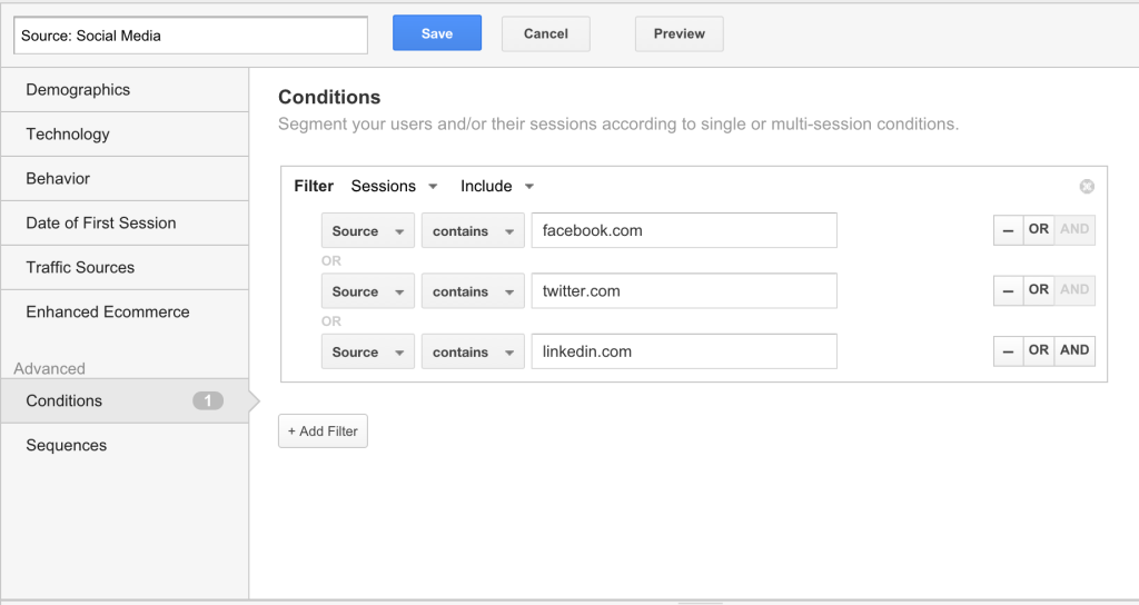 This is how we traditionally set up segments in Google Analytics to better analyze site conversions.