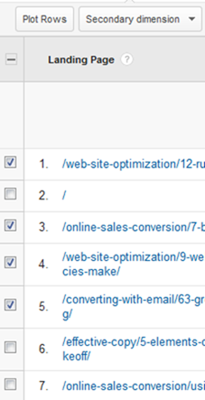Checking the stories and clicking "Plot Rows" tells Google Analytics to export your data. Checking the stories and clicking "Plot Rows" tells Google Analytics to export your data.