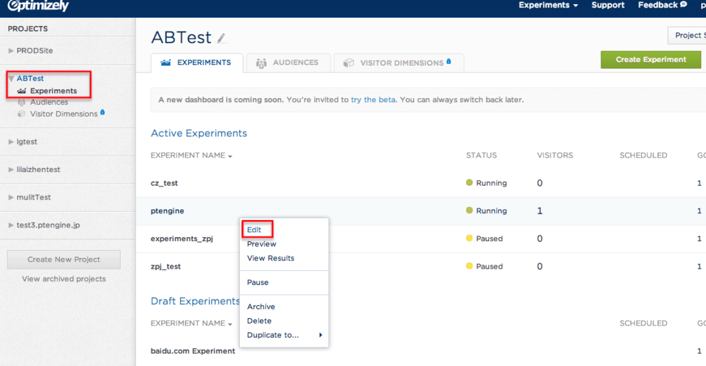 AB testing softare Optimizely dashboard AB testing softare Optimizely dashboard with AB Test Experiments highlighted and Edit highlighed.