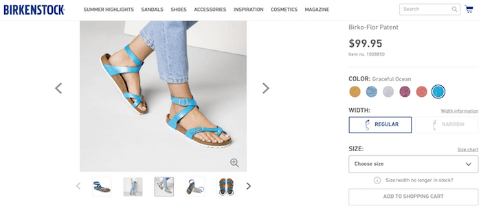 Birkenstock uses images to communicate details and colors on their product pages.