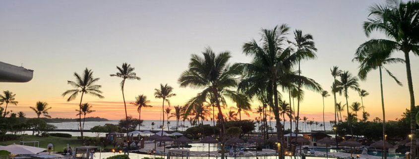 Sunset over the Waikaloa Marriott Pool and Pacific Ocean in Hawaii