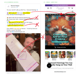 An ad and its landing page with markings showing where the landing page doesn't have elements that are in the ad.