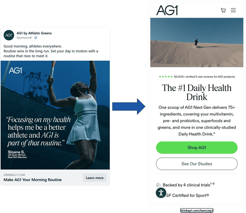 An ad for AG1 featuring a tennis player with the call to action "Make AG1 Your Morning Routine" and a screen capture of the landing page that does not feature a tennis player or mention of morning routine.