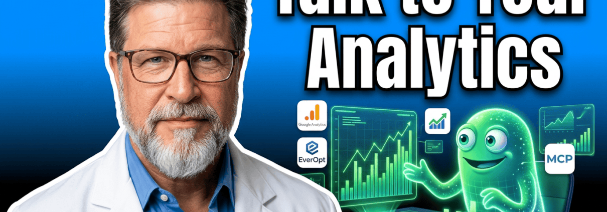 Brian Massey in a lab coat and a data monster in the background. The caption says "Talk to your analytics"
