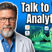 Brian Massey in a lab coat and a data monster in the background. The caption says "Talk to your analytics"