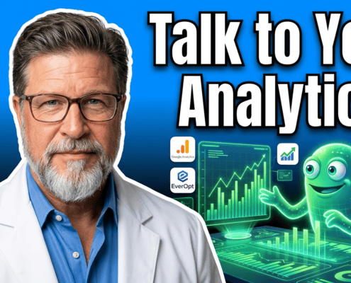 Brian Massey in a lab coat and a data monster in the background. The caption says "Talk to your analytics"