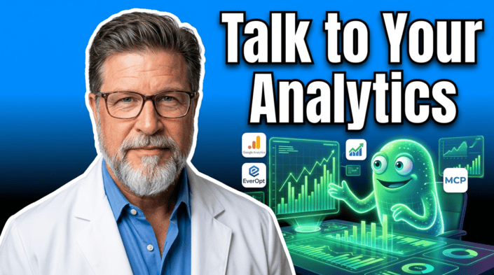 Brian Massey in a lab coat and a data monster in the background. The caption says "Talk to your analytics"