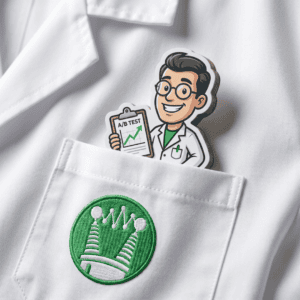A cardboard cutout of a man in a lab coat holding a clipboard that says "A/B Test" sticking out of the pocket of a labcoat.