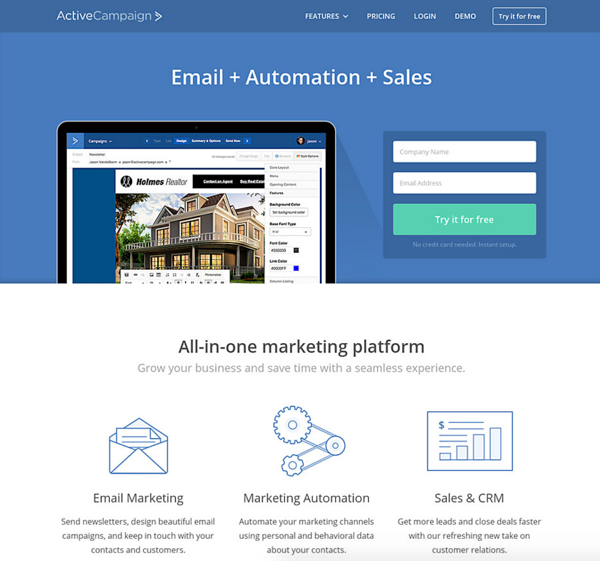 ActiveCampaign's headline about features