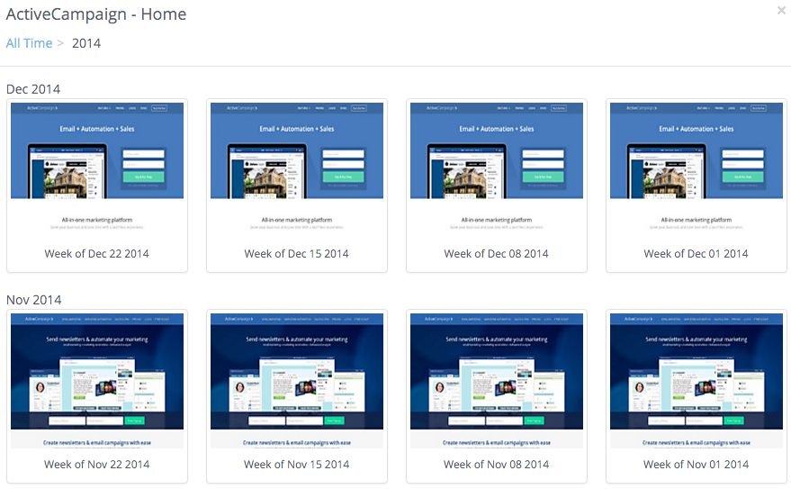 ActiveCampaign's homepage design history over Novemer and December 2014
