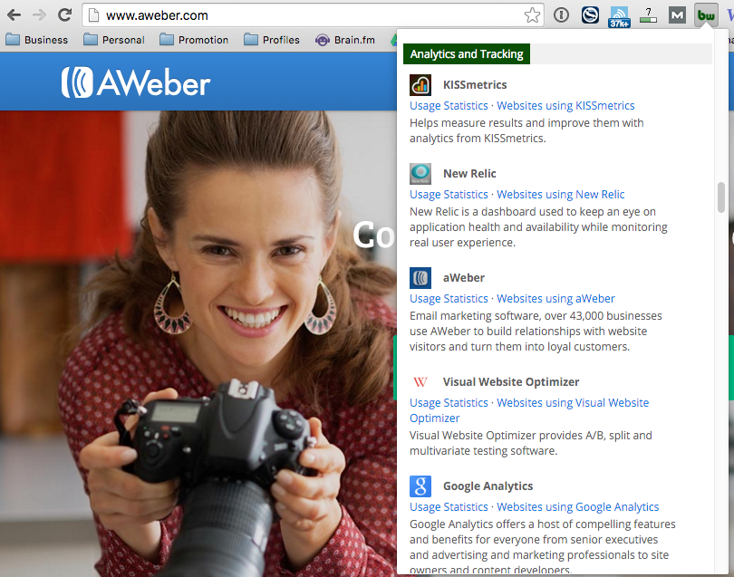 BuiltWith browser extention for analytics and tracking