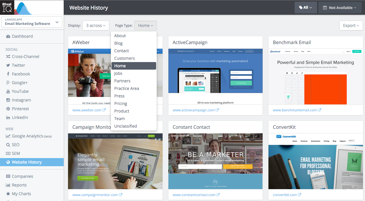 In the website history dashboard, you can view a variety of web pages from your competitor's websites.
