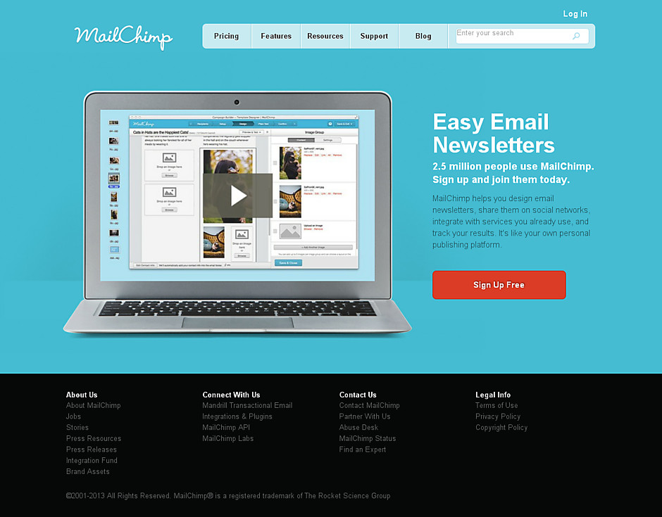 Mailchimp's landing page with a video of newsletter editor