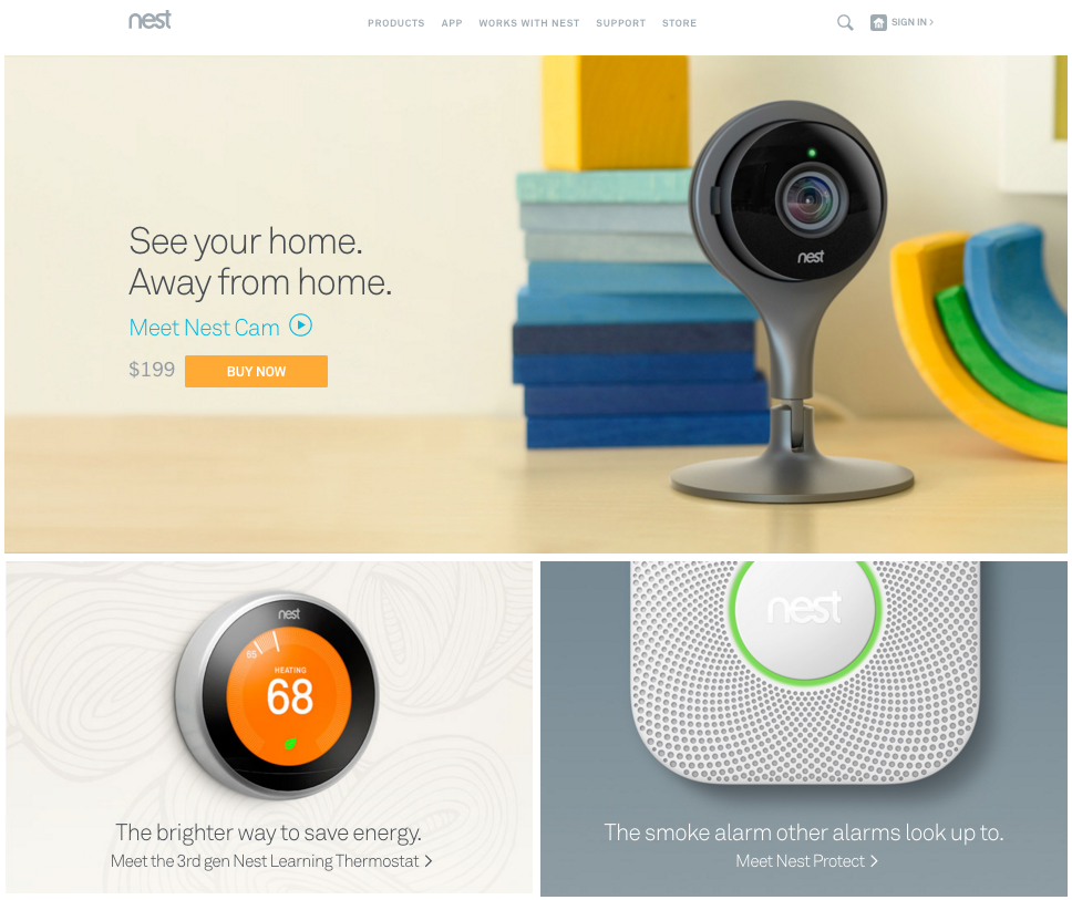 Nest featuring its Nest Cam on the homepage