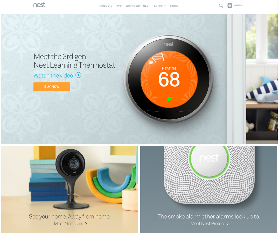 Nest featuring its thermostat on its homepage